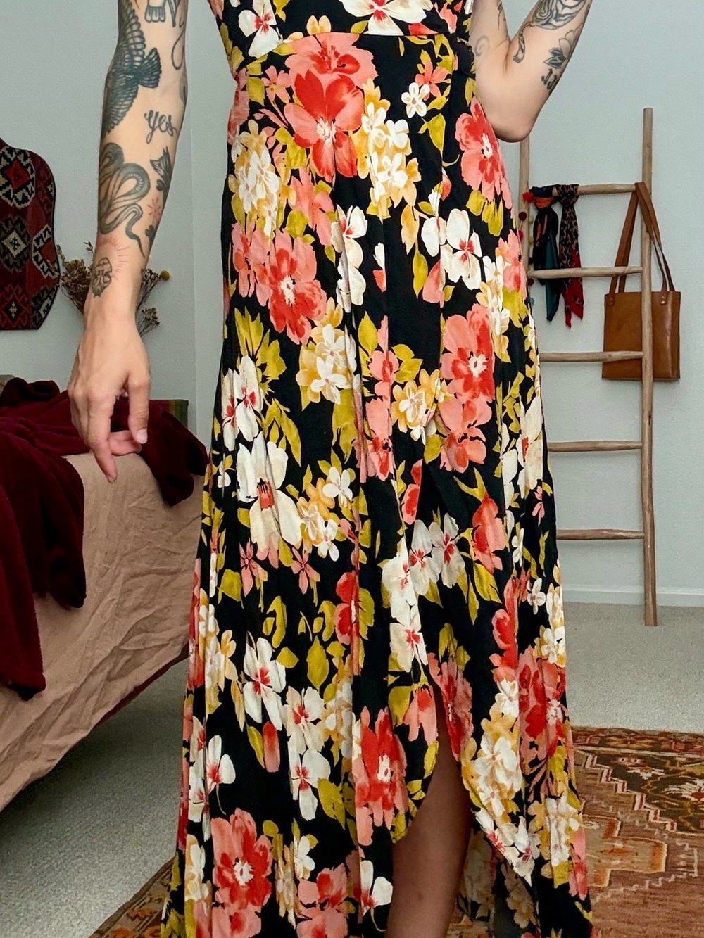 Early Era Reformation Wrap Dress with Black and Coral Large Floral Print